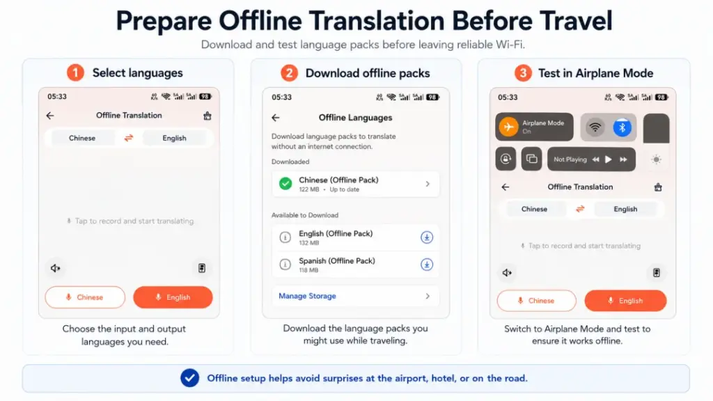 How to prepare translation earbuds for offline travel without a subscription